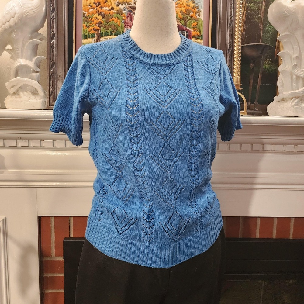 S Blue Knit Preppy Short Sleeve Sweater, Vintage Clothing, Size Small